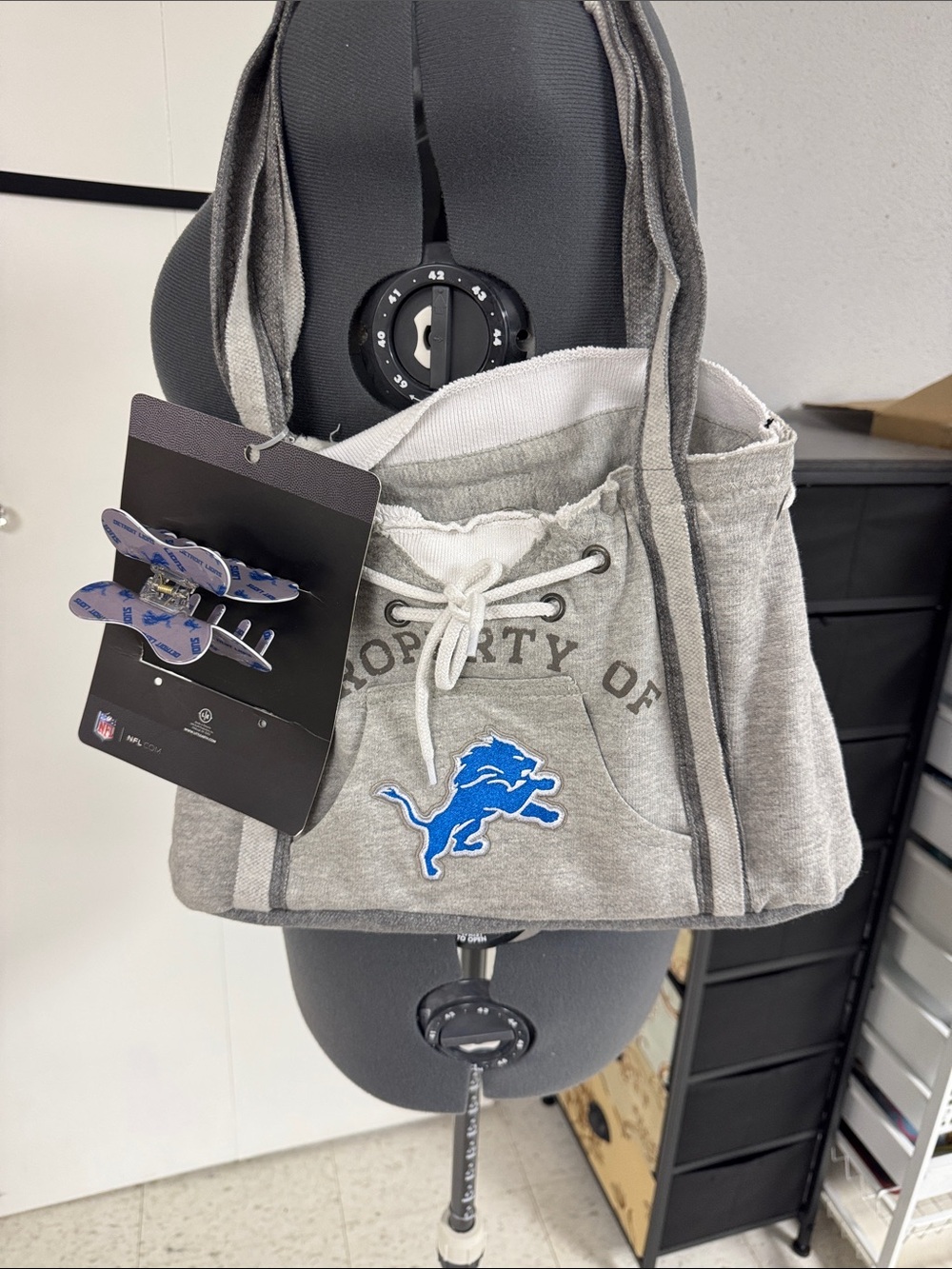 NWT Gray Women's Hoodie-Style Tote with Detroit Lion Patch Logo